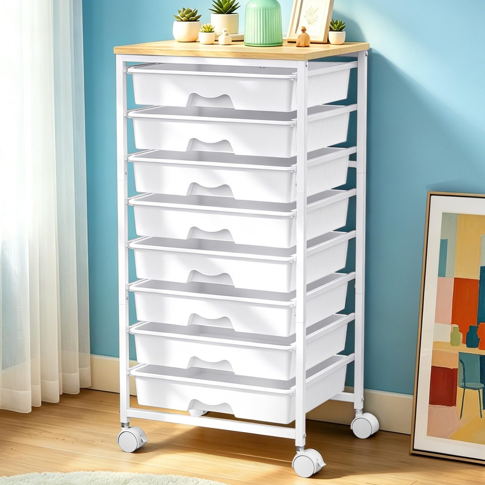 8 Drawer Rolling Cart with Wooden Top & Lockable Wheels   Craft & Office Storage1