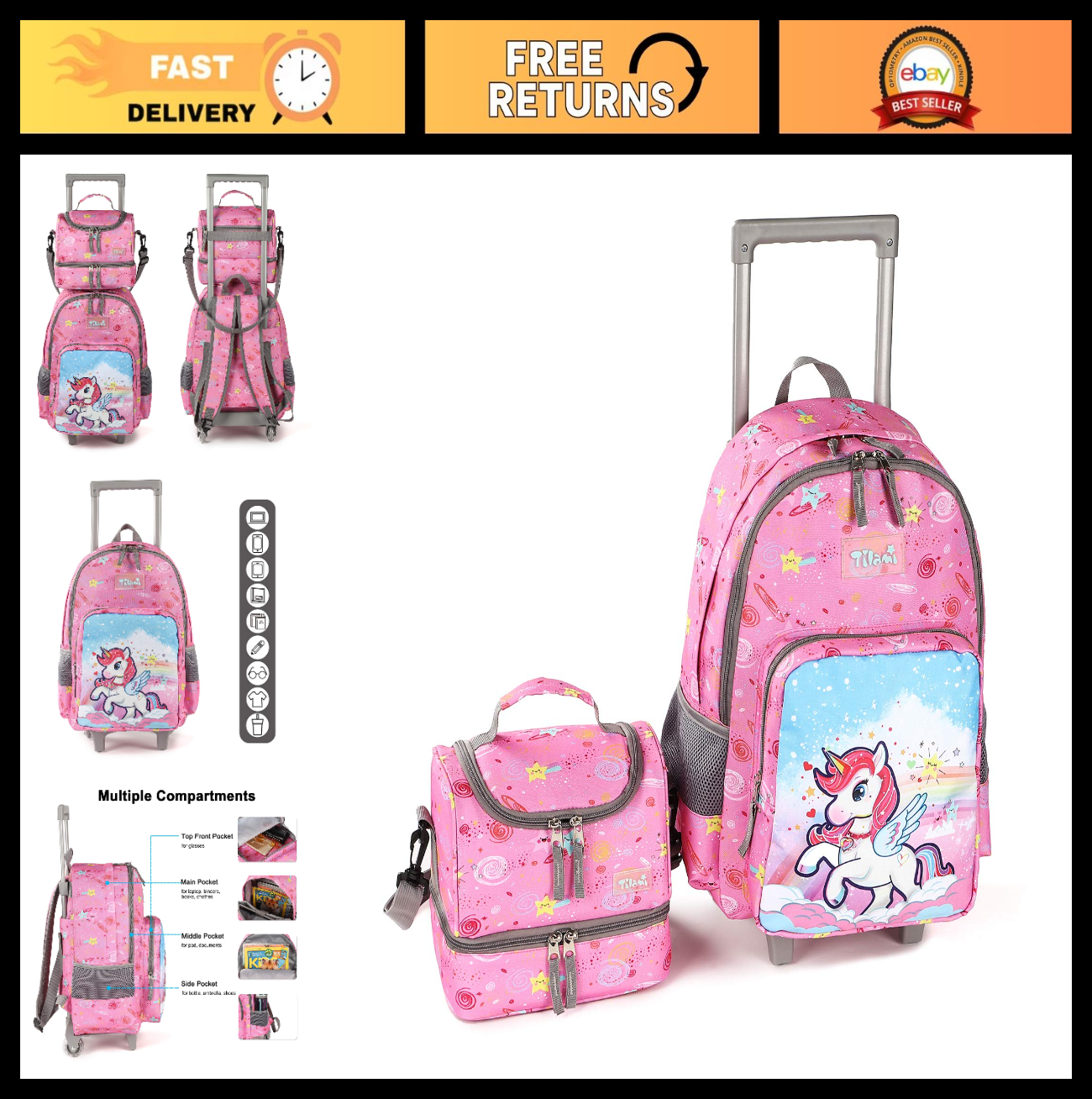 Wheeled Kids Backpack 18" with Lunch Bag, Double Handle, Pink Unicorn Design0