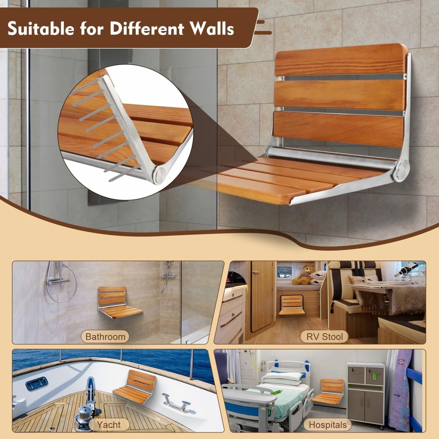18" Teak Folding Shower Seat   Heavy Duty Wall Mounted Bench, Space Saving Spa C5