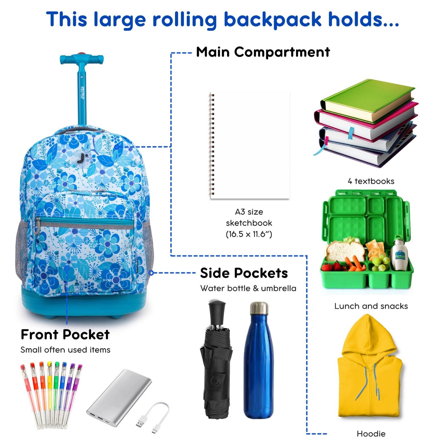 Kids Rolling Backpack with Wheels, School Roller Bookbag for Boys & Girls, 18"x13