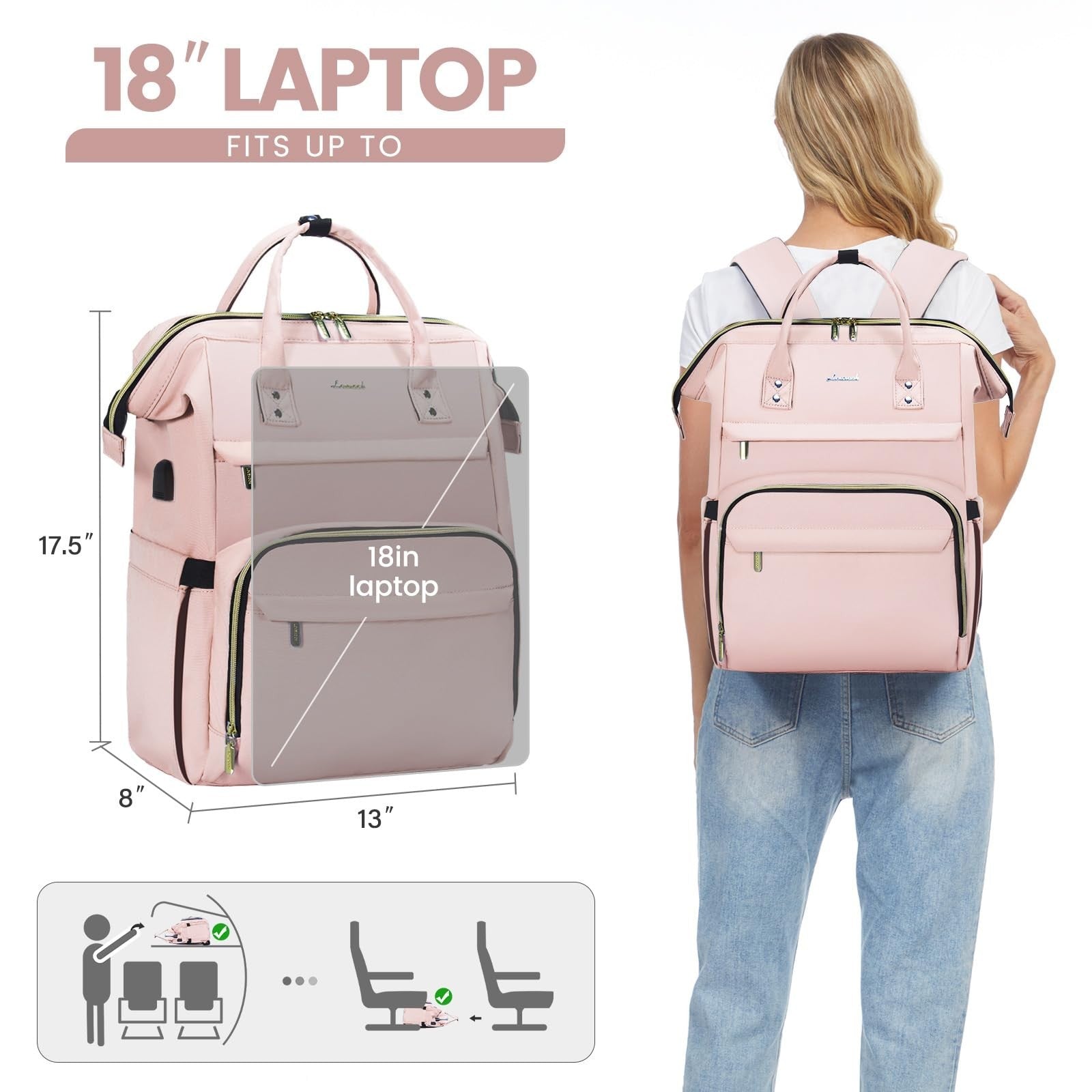 Stylish 18" Laptop Backpack for Women   Waterproof Travel Bag with USB Port, Pin4
