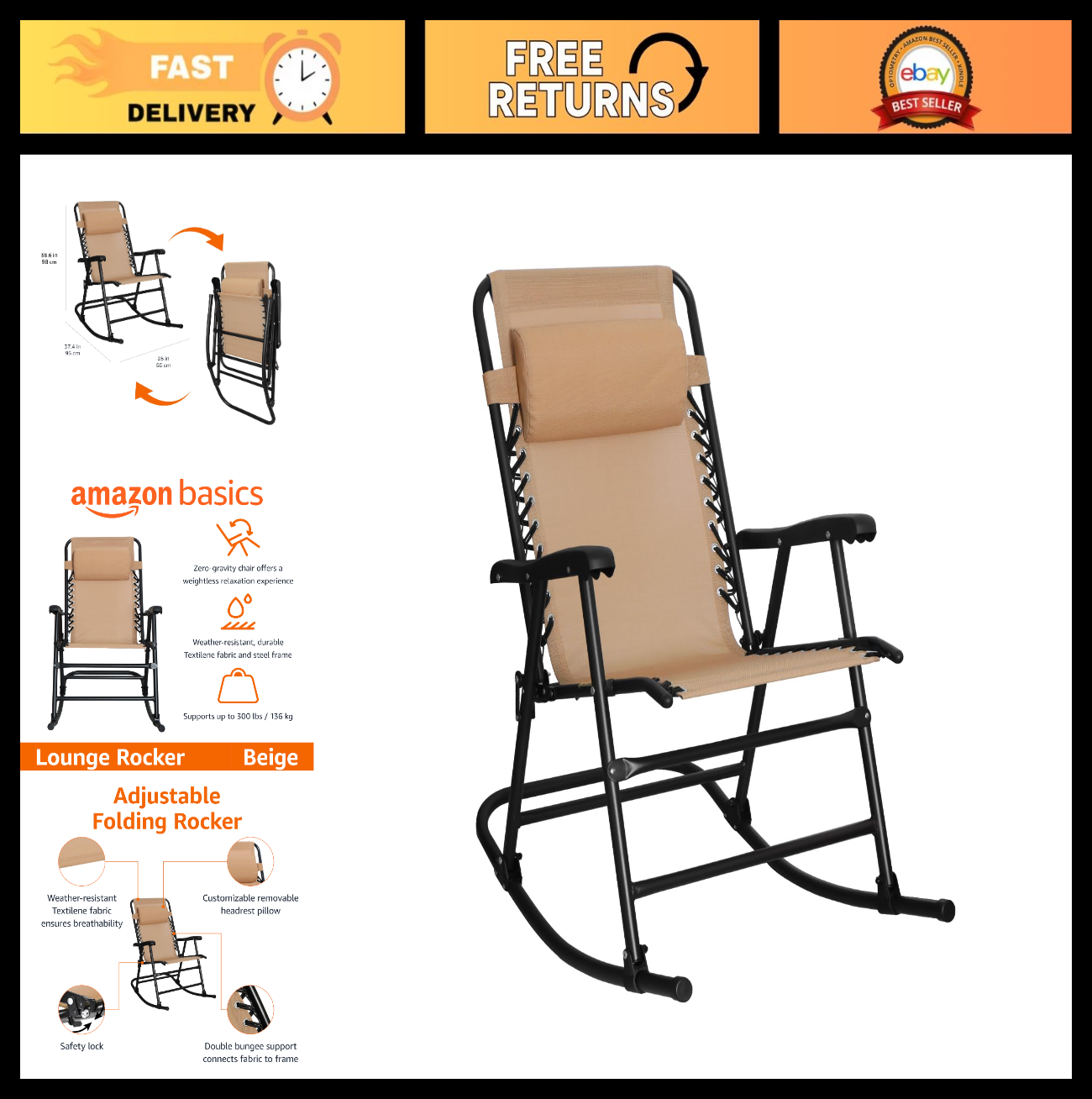 Outdoor Portable Folding Rocking Chair with Headrest, Ergonomic, Weather Resista0