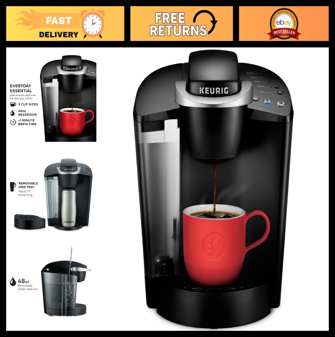 Single Serve Coffee Maker, 3 Brew Sizes, 48oz Reservoir, K Cup Compatible, Black0