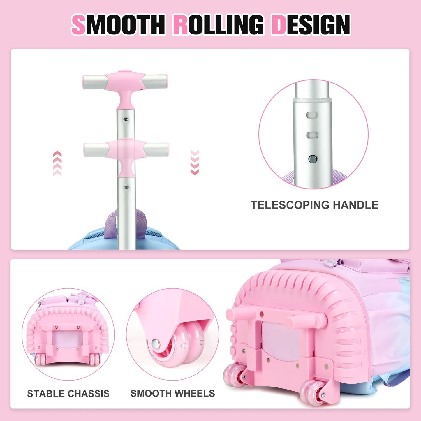 Rolling Backpack for Girls   Wheeled School Bag with Lunch Bag & Pencil Pouch, T4
