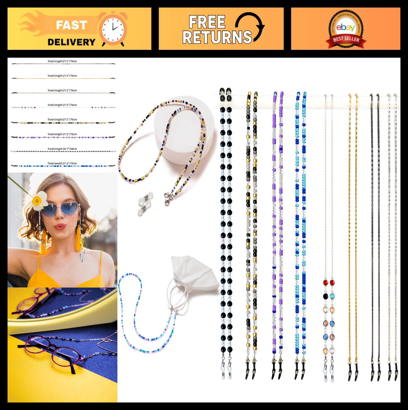 Beaded Eyeglass Chain - 8 Pcs Stylish Glasses Strap Holders for Women, Neck Acce0
