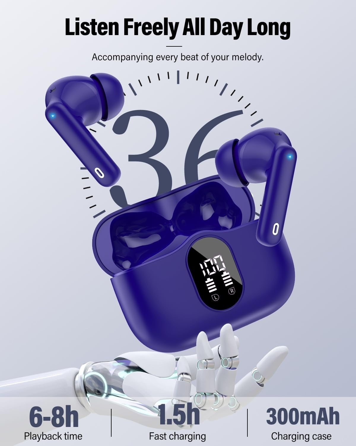Bluetooth 5.4 Wireless Earbuds, Noise Cancelling, 36H Playtime, IP7 Waterproof,6