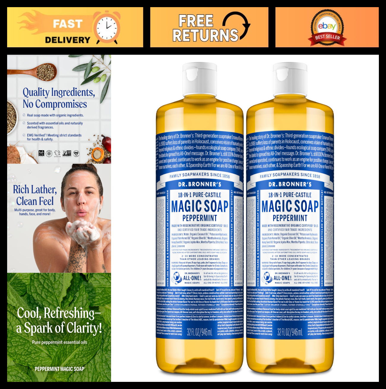 Peppermint Pure-Castile Liquid Soap 32oz 2-Pack | 18-in-1 Multi-Use Hand & Body0