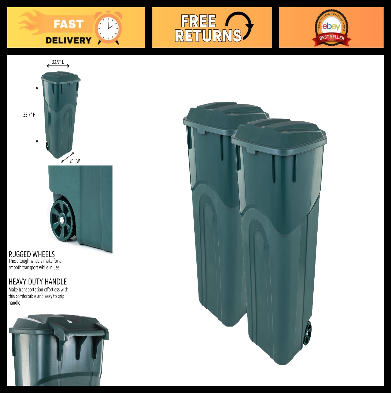 32 Gallon Wheeled Outdoor Trash Can with Snap Lock Lid & Heavy-Duty Handles - 20