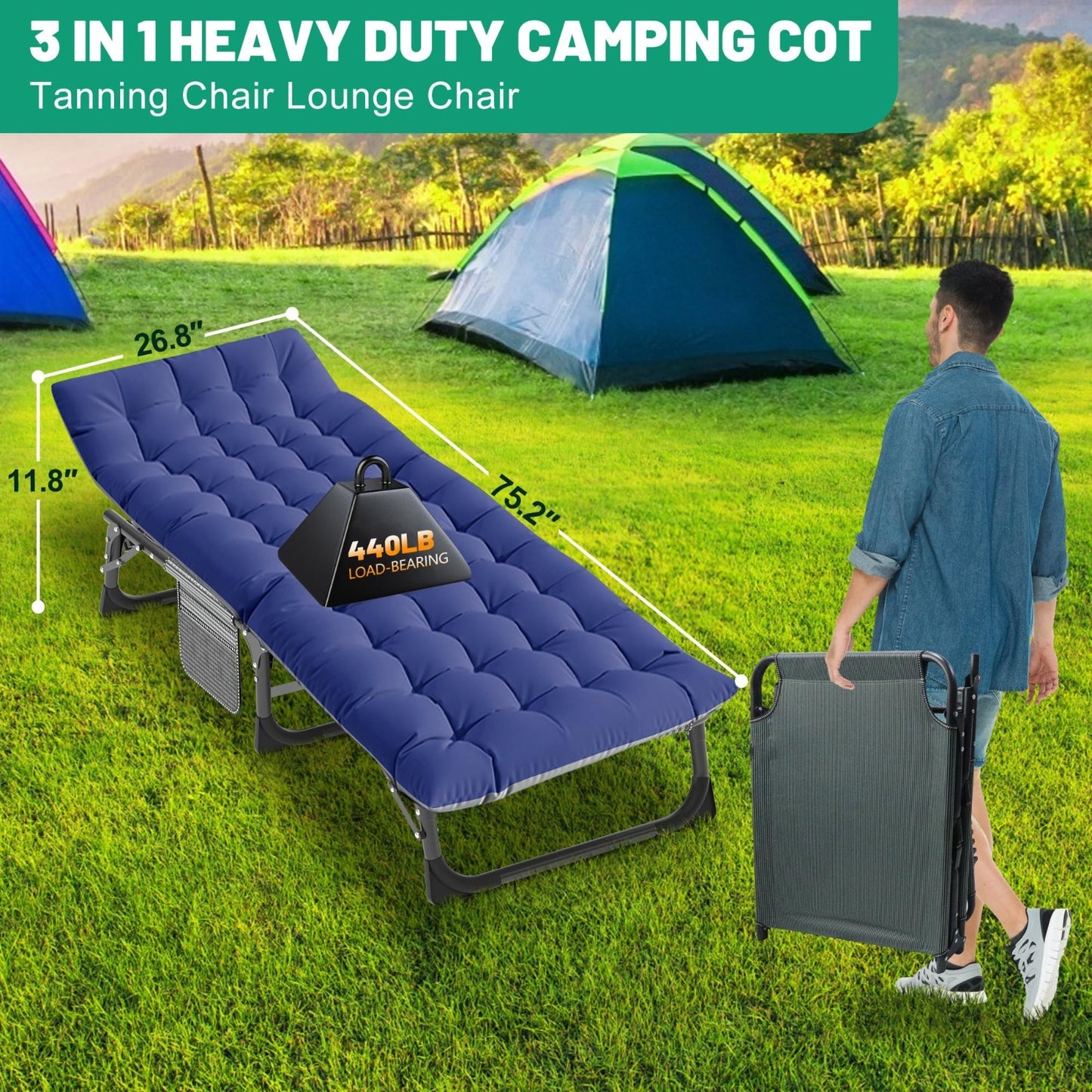 Folding Camping Cot for Adults   5 Position Adjustable Backrest & Padded Cushion4