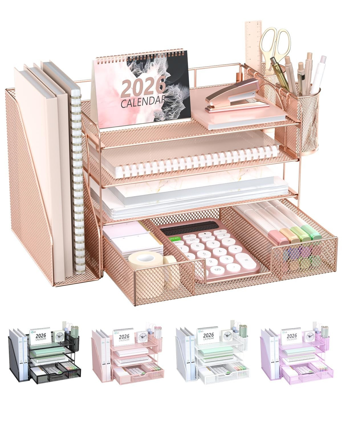 4 Tier Desktop File Organizer with Drawer & 2 Pen Holders   Rose Gold Office Sup1