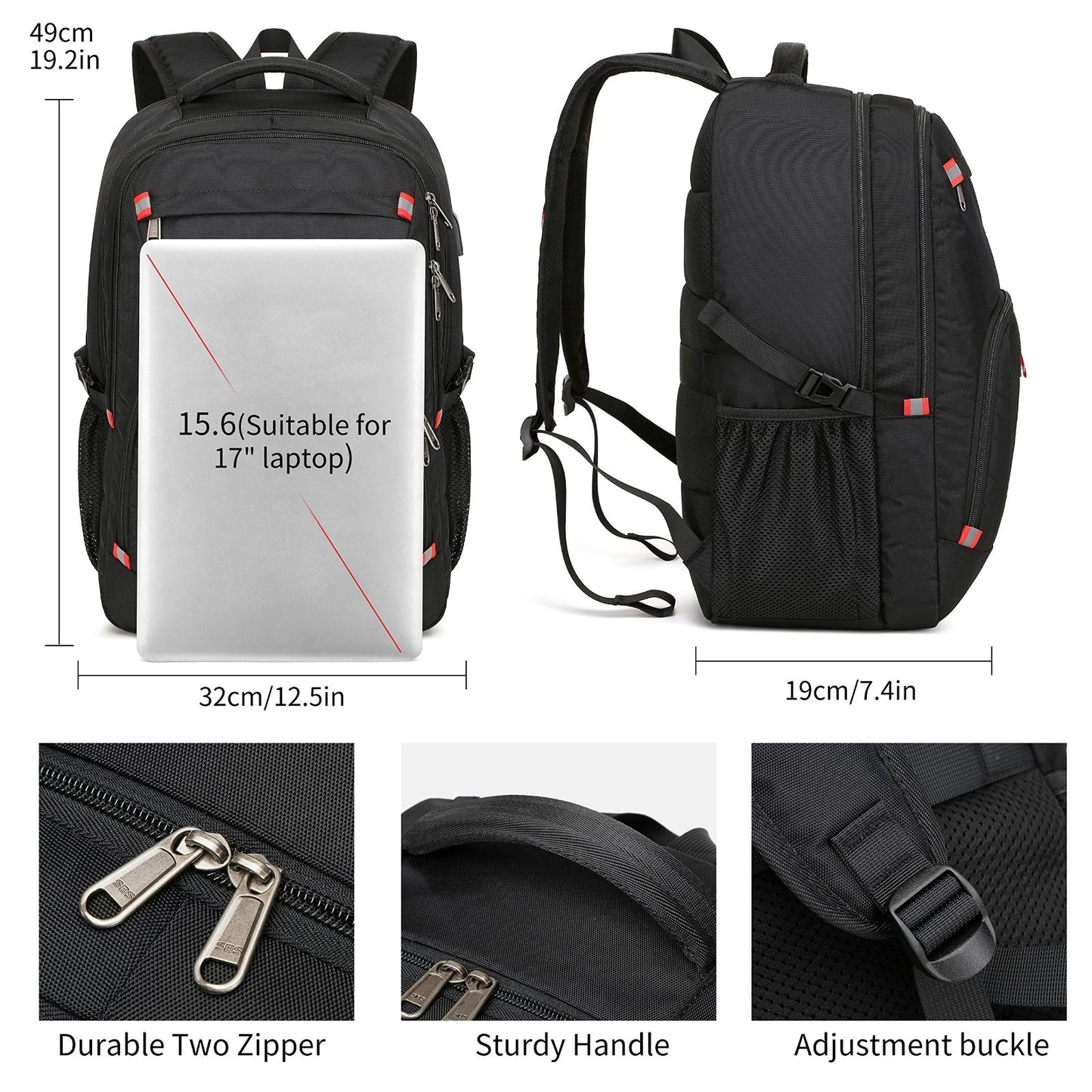 Large 17.3" Laptop Backpack with USB Charging Port, Water Resistant Rucksack for2
