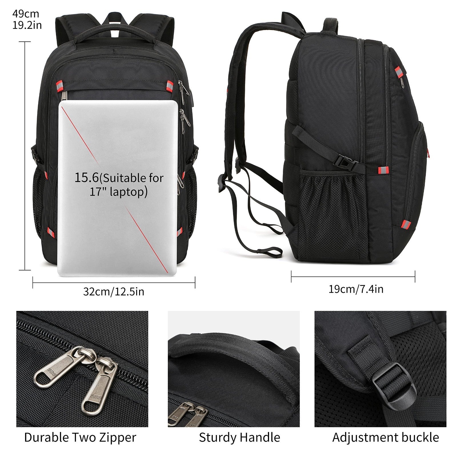 Large 17.3" Laptop Backpack with USB Charging Port, Water Resistant Rucksack for2