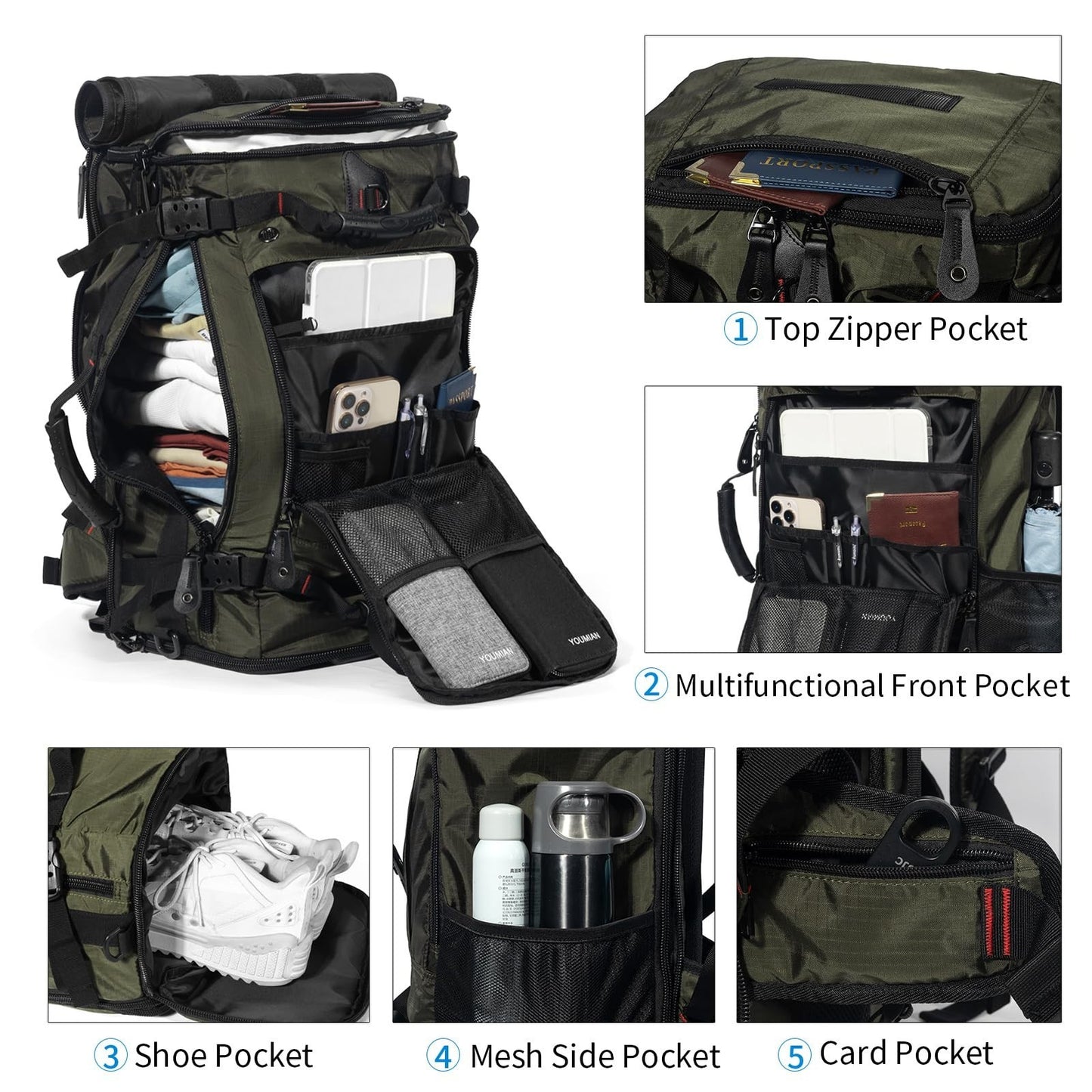 Large Capacity Travel Hiking Sports Backpack Duffle Bag 60L Convertible Olive Gr2