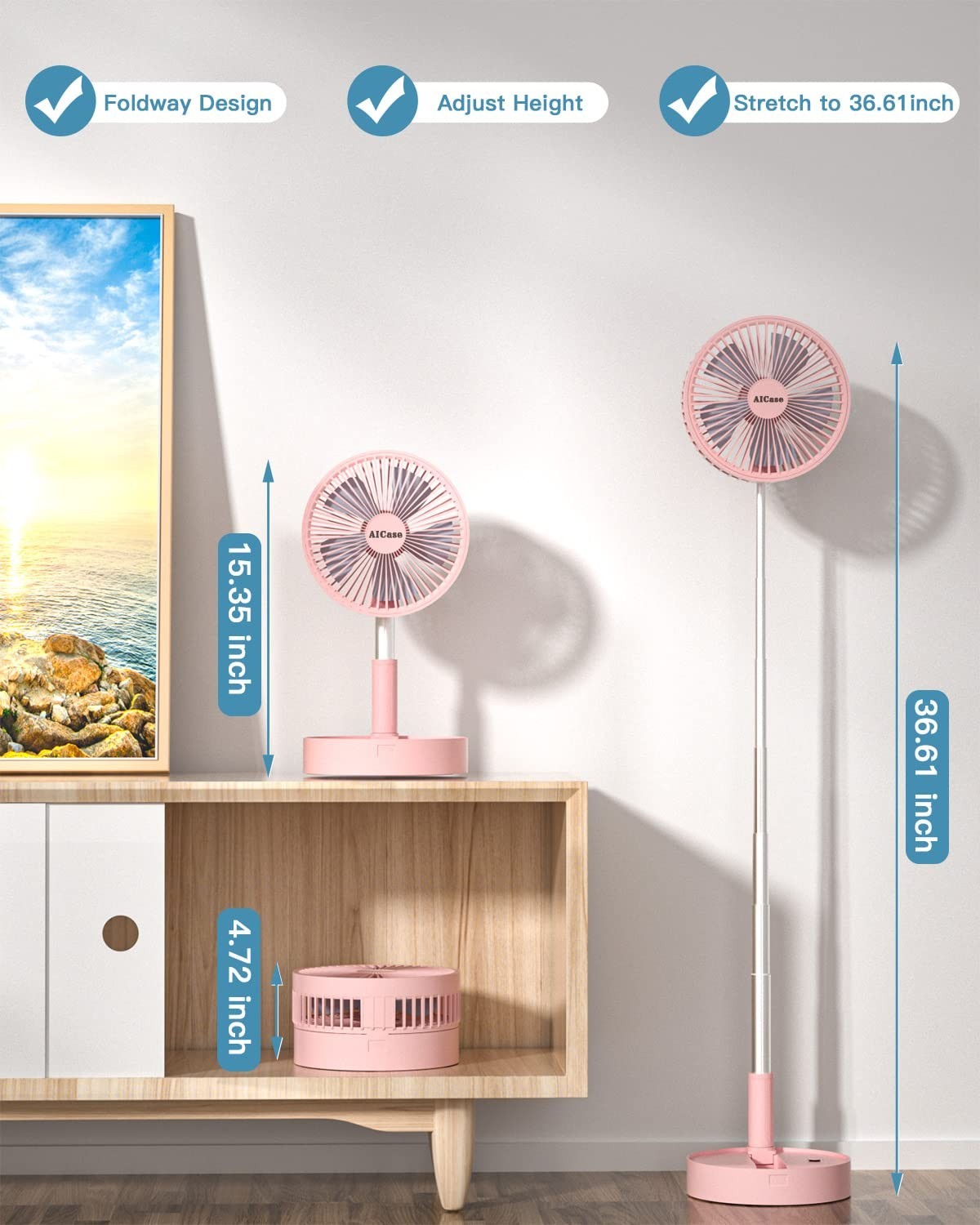Portable Folding Stand Fan, USB Rechargeable 7200mAh, 4 Speed Adjustable Height,2