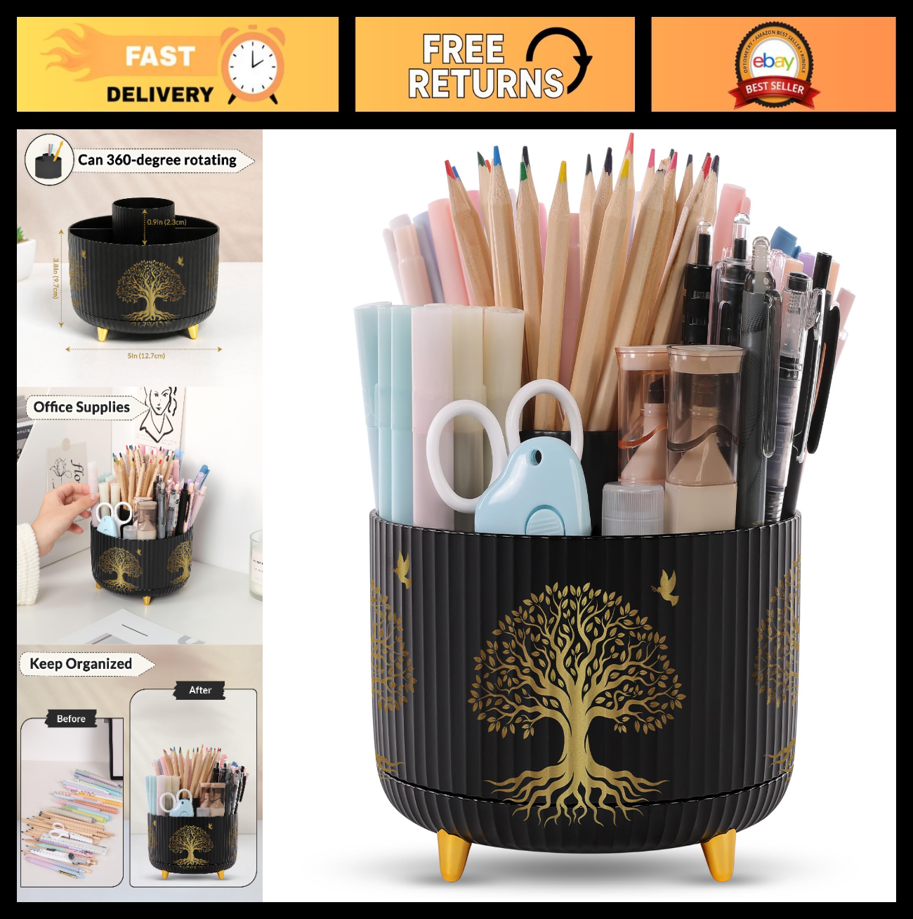 360° Rotating Desk Pen Holder with 5 Slots   Tree of Life Design, Organizer0