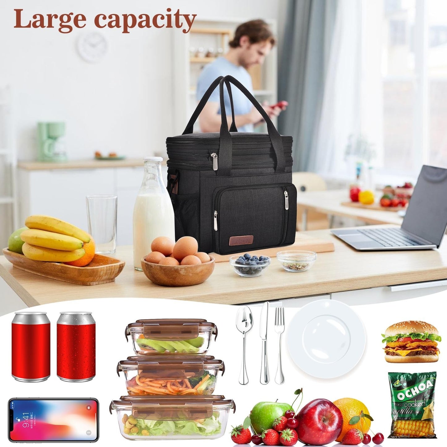 Optimized eBay Title:  "Large Insulated Lunch Bag & Box - Double Deck, Leakproo3