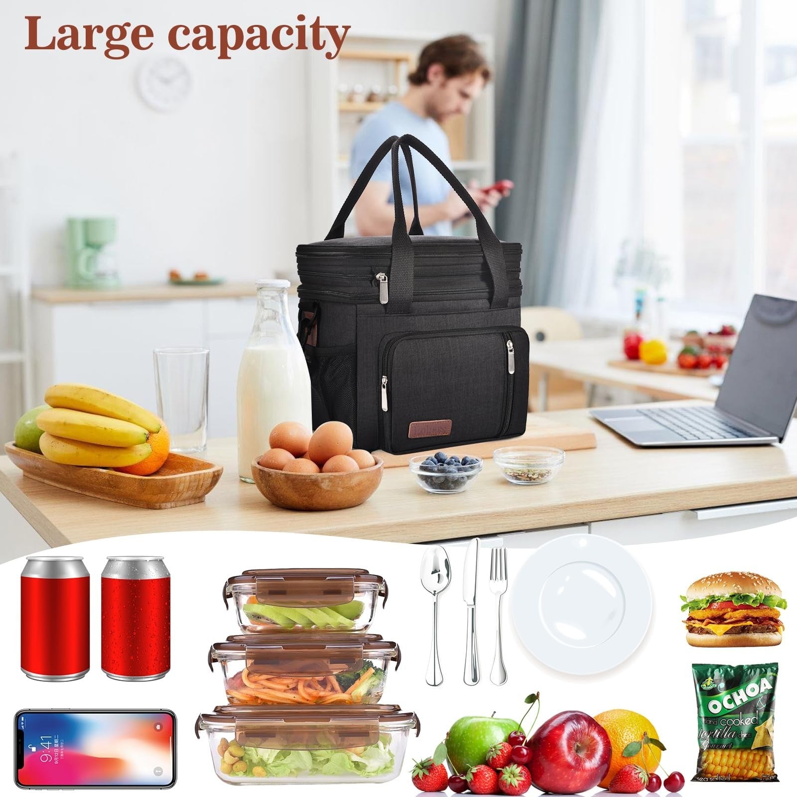 Optimized eBay Title:  "Large Insulated Lunch Bag & Box - Double Deck, Leakproo3