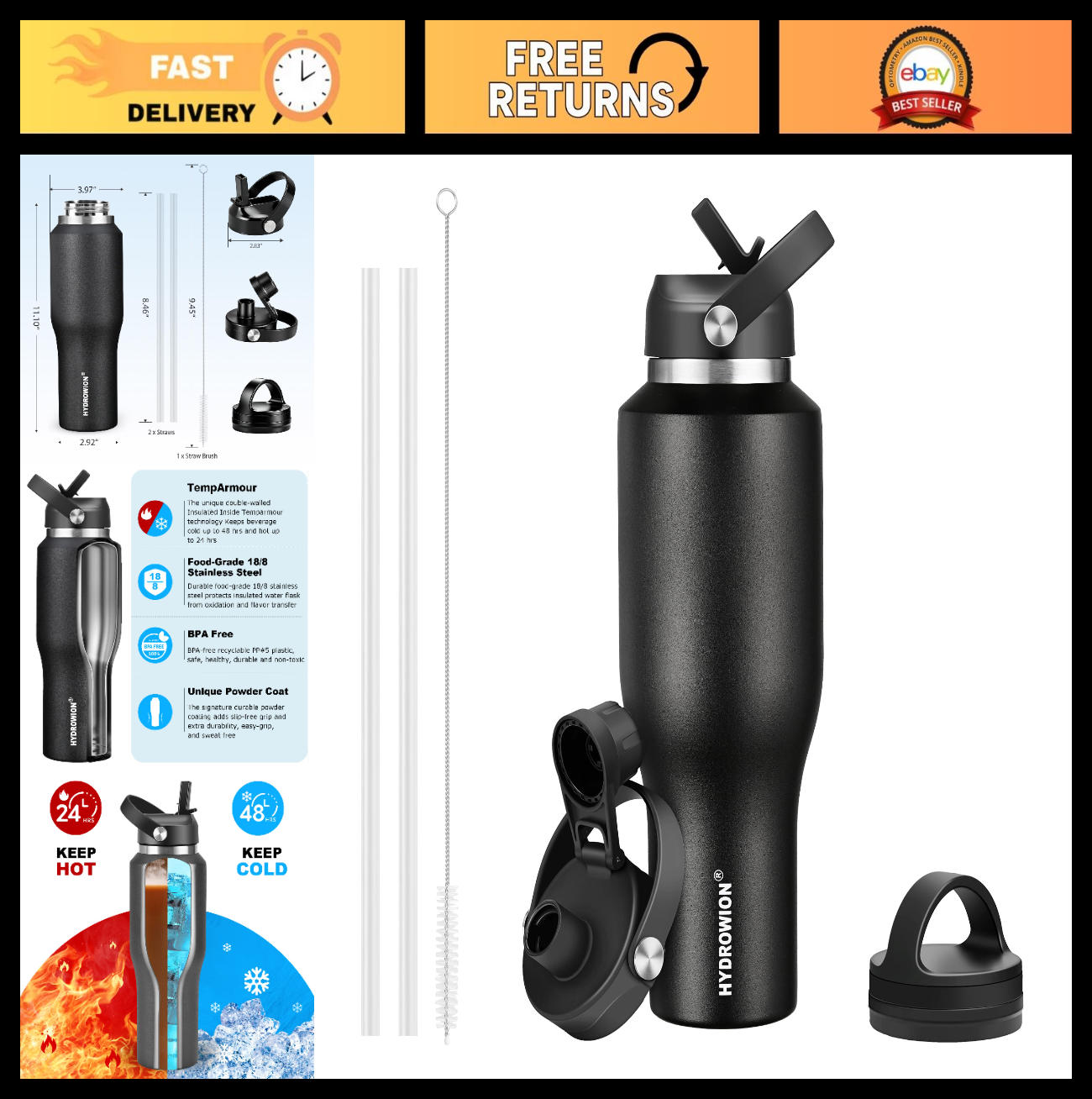 Insulated 40 oz Water Bottle with Straw - Fits Car Cup Holder, Leakproof Travel0
