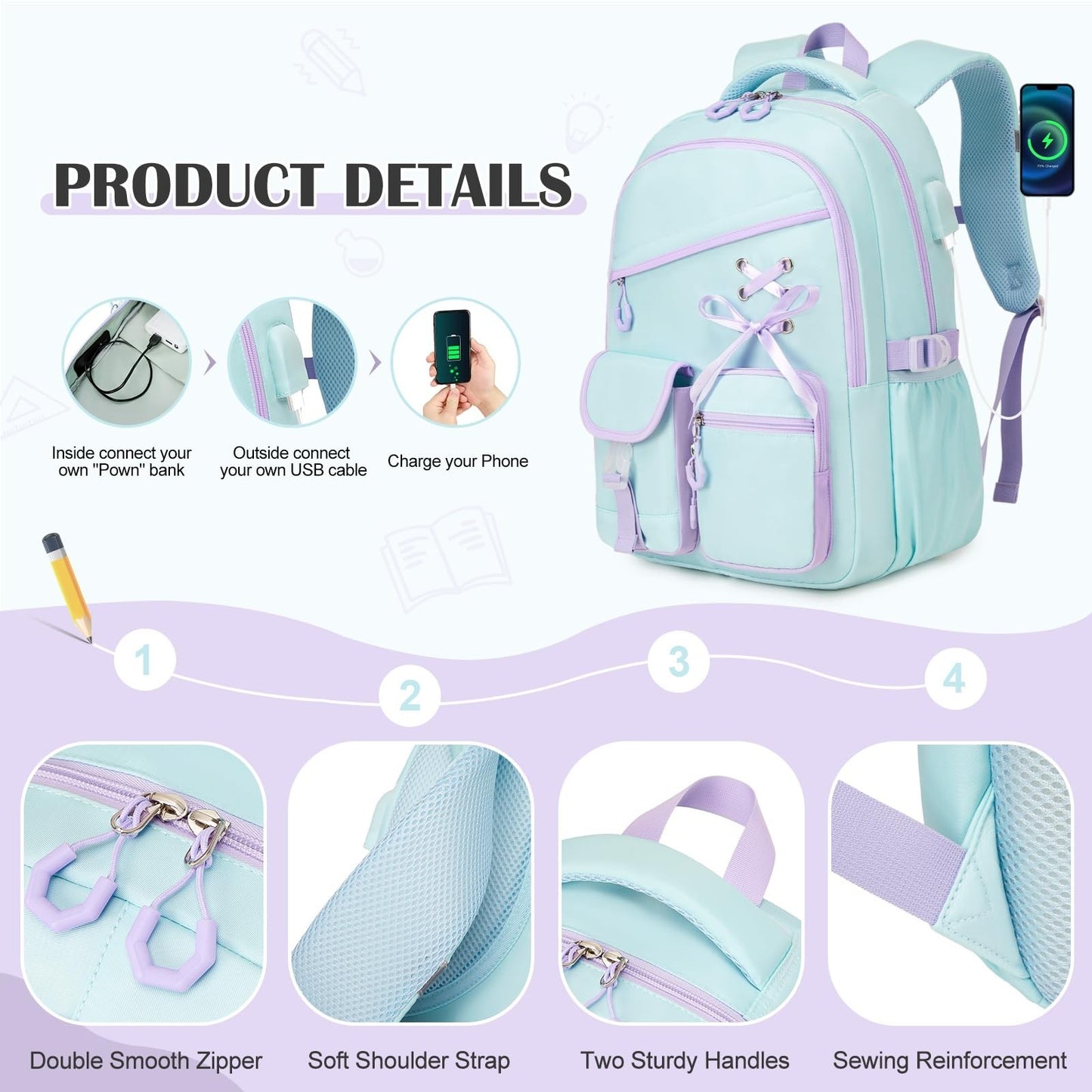 Girls School Backpack Set   6PCS with Insulated Water Bottle, Lunch Bag & Pencil6