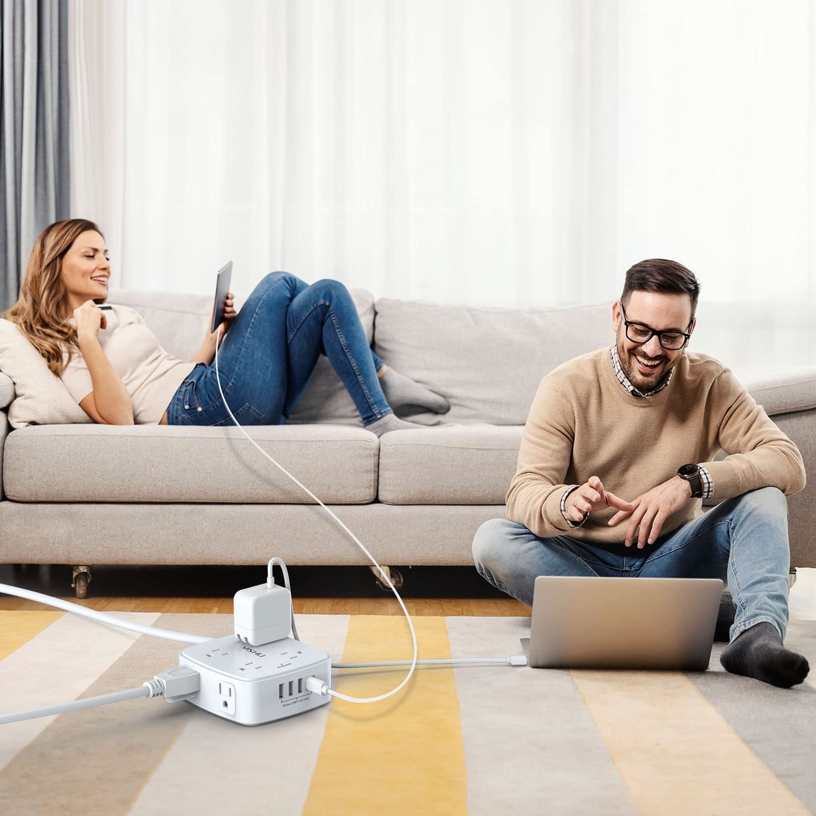 10ft Surge Protector Power Strip   8 AC Outlets & 4 USB Ports, Flat Plug, Wall M4