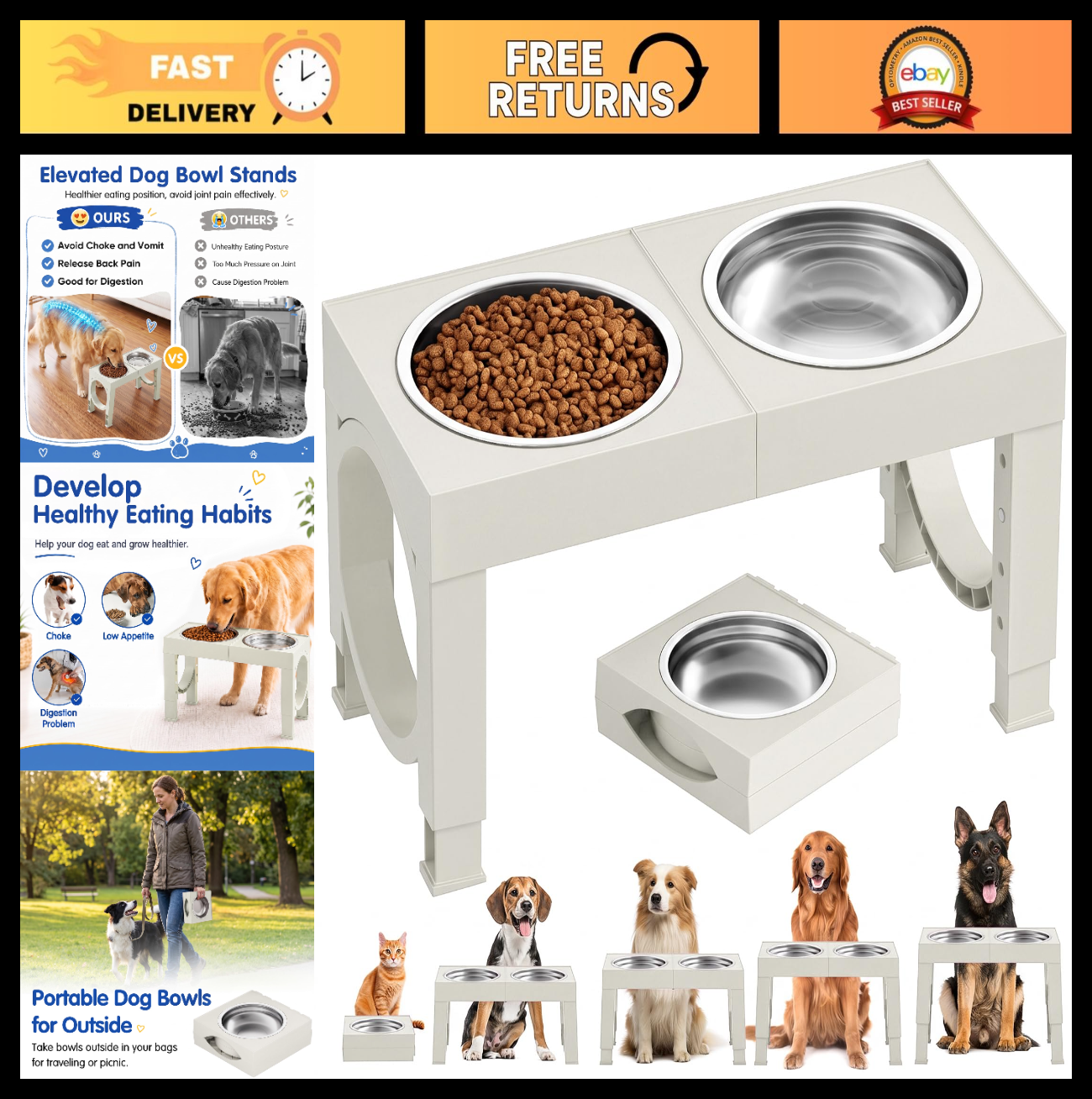 Elevated Dog Bowls for Large Breeds   Adjustable Height Stainless Steel Feeder S0