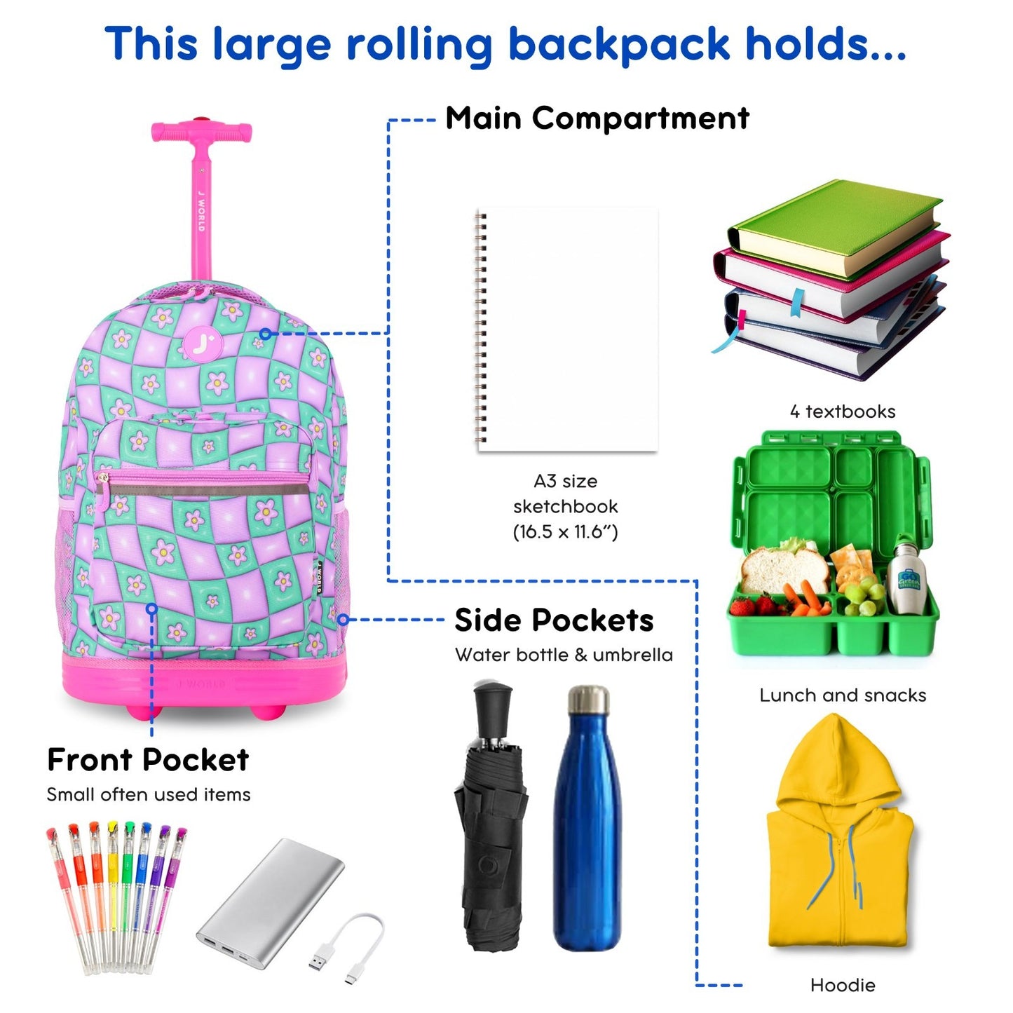 Kids Rolling Backpack with Wheels, 18" Bookbag for School, Puffy Flower Design4