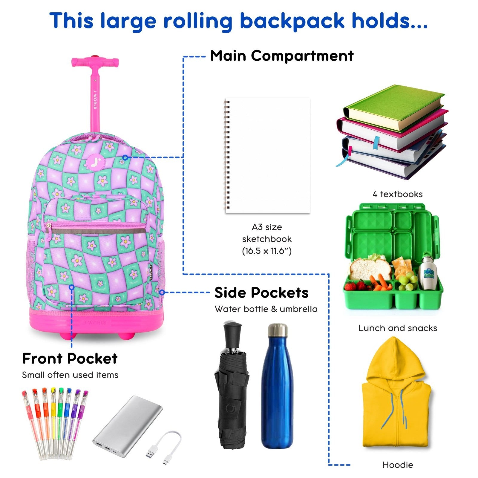 Kids Rolling Backpack with Wheels, 18" Bookbag for School, Puffy Flower Design4