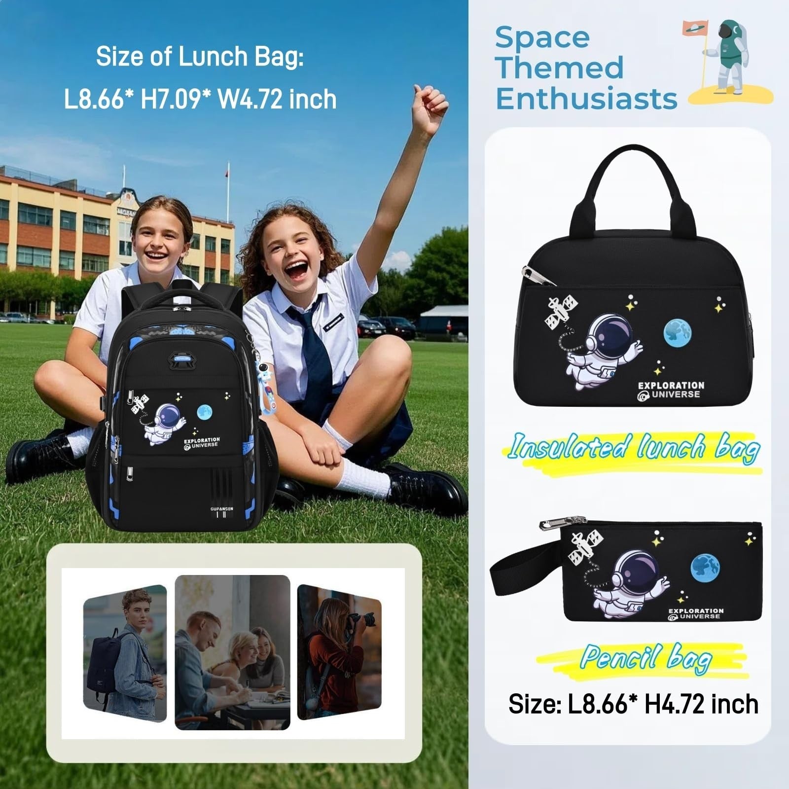 3pcs Boys Lightweight Astronaut Backpack Set with Lunch Box for School, Black2