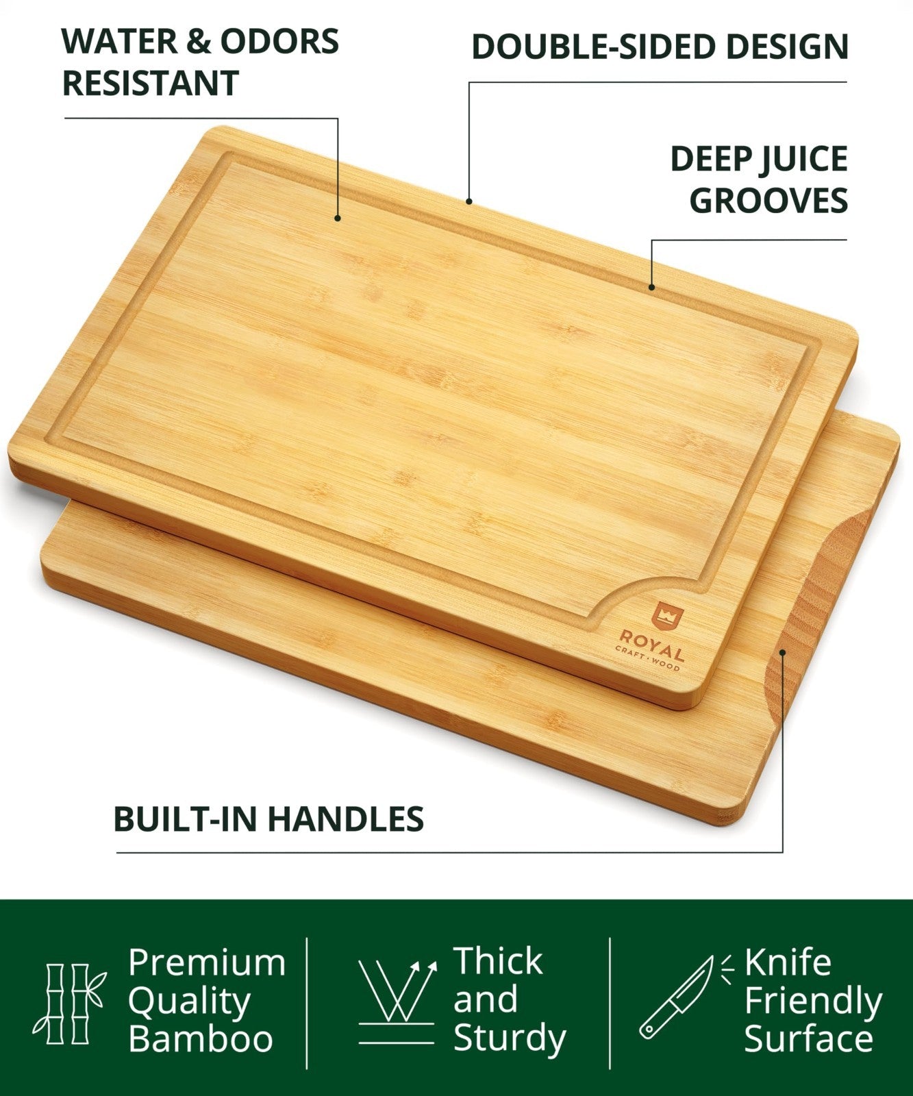 Wooden Cutting Boards Set   Bamboo Kitchen Prep & Serving Board with Juice Groov3