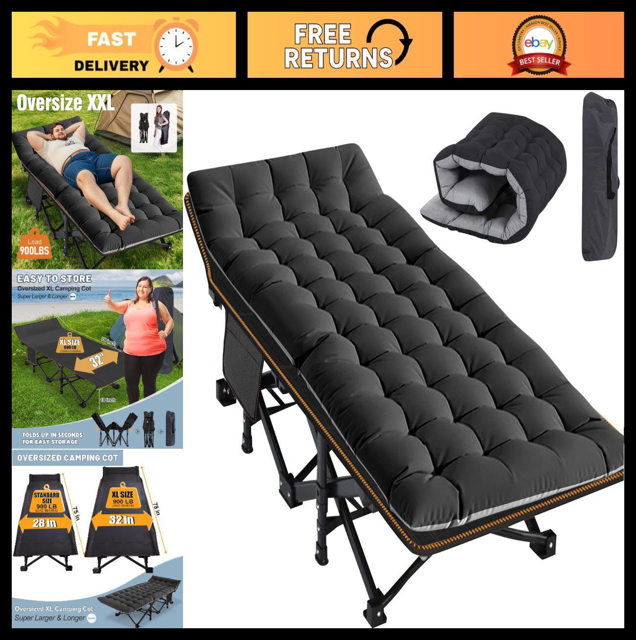 Oversized Folding Camping Cot for Adults, 32" Wide, 900 lbs Capacity, Includes P0