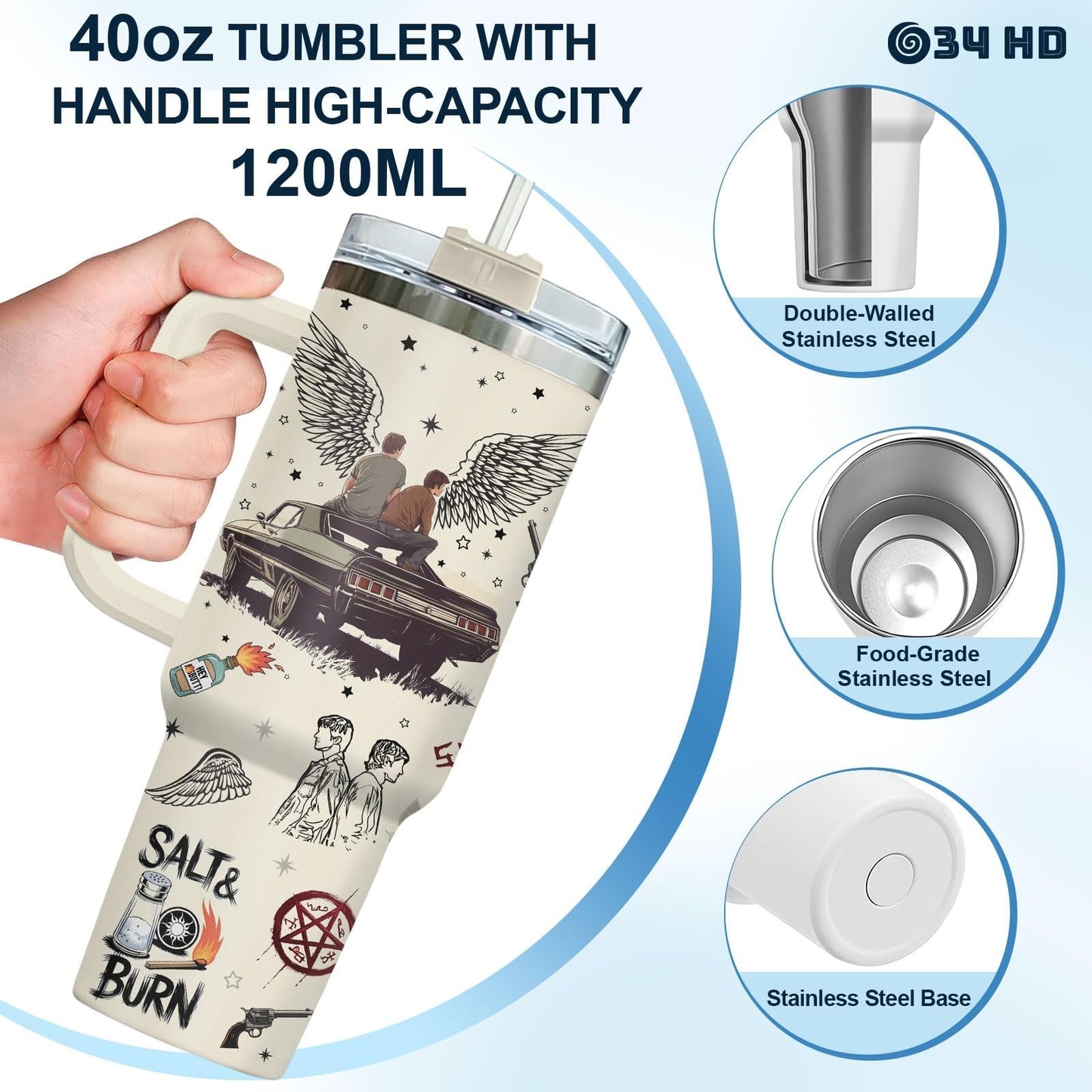 40oz Stainless Steel Tumbler with Handle   Vacuum Insulated Travel Mug   Unique8