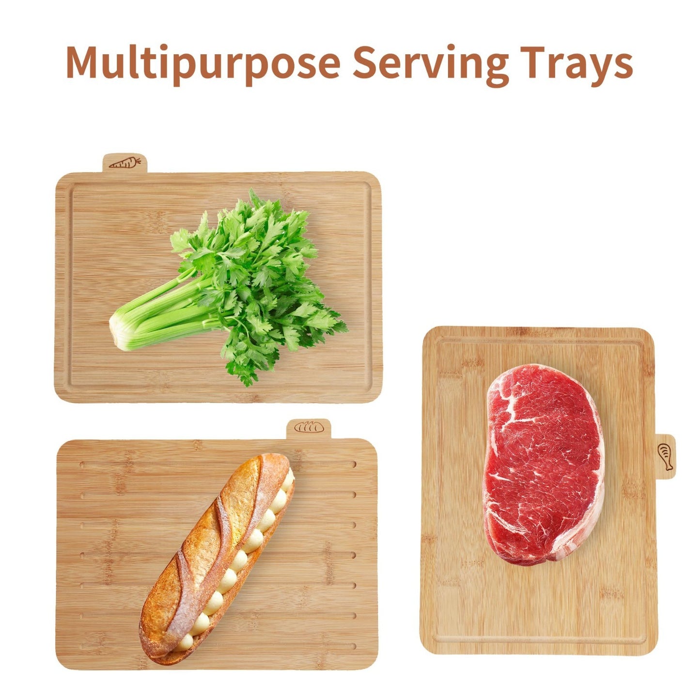 Set of 4 Bamboo Cutting Boards with Holder - Juice Groove, Food Icons, Ideal for7