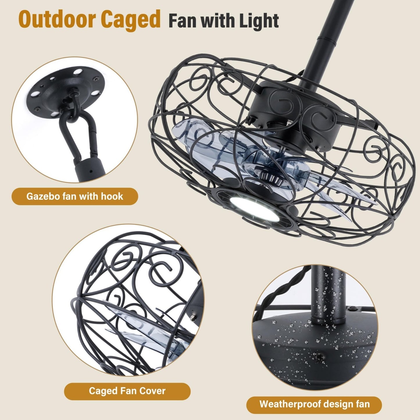 Waterproof Outdoor Ceiling Fan with Light & Remote, 15 Inch Patio Fan, 6 Speeds3