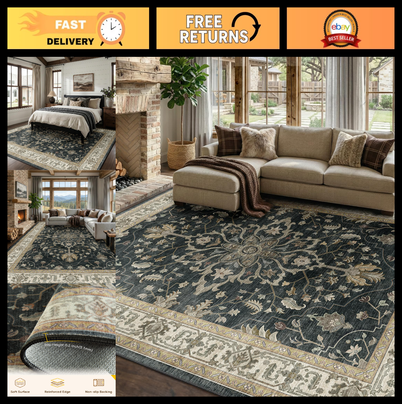 Washable 8'x10' Area Rug   Non Slip, Water Repellent, Pet Friendly, Vintage Flor0