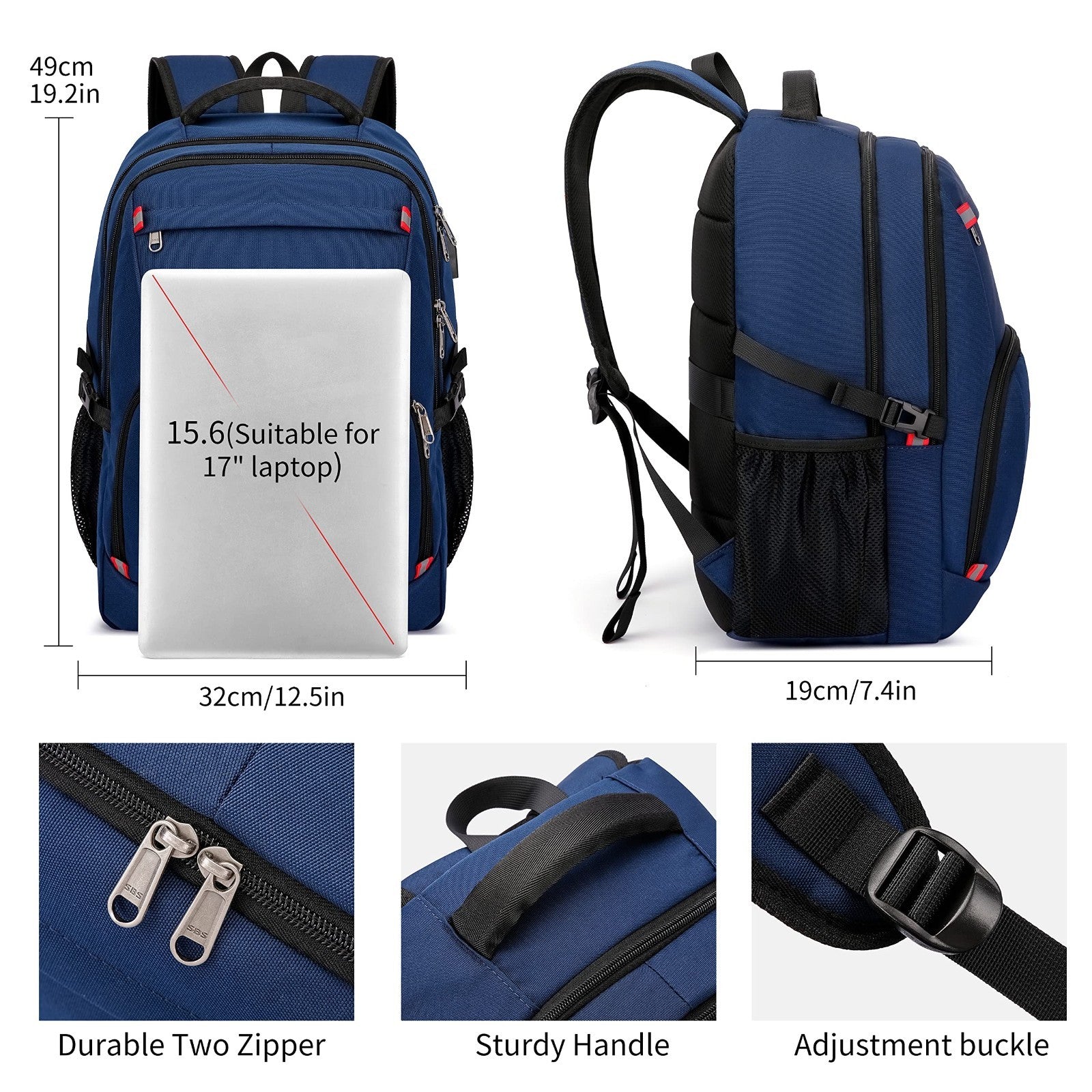 Water Resistant 17.3" Laptop Backpack   College School Bookbag, USB Charging Por2