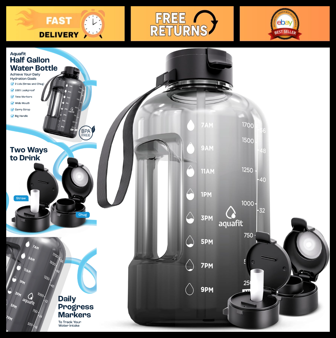 Optimized eBay Title:  "64 oz Water Bottle with Time Marker, Straw & Chug Lid -0
