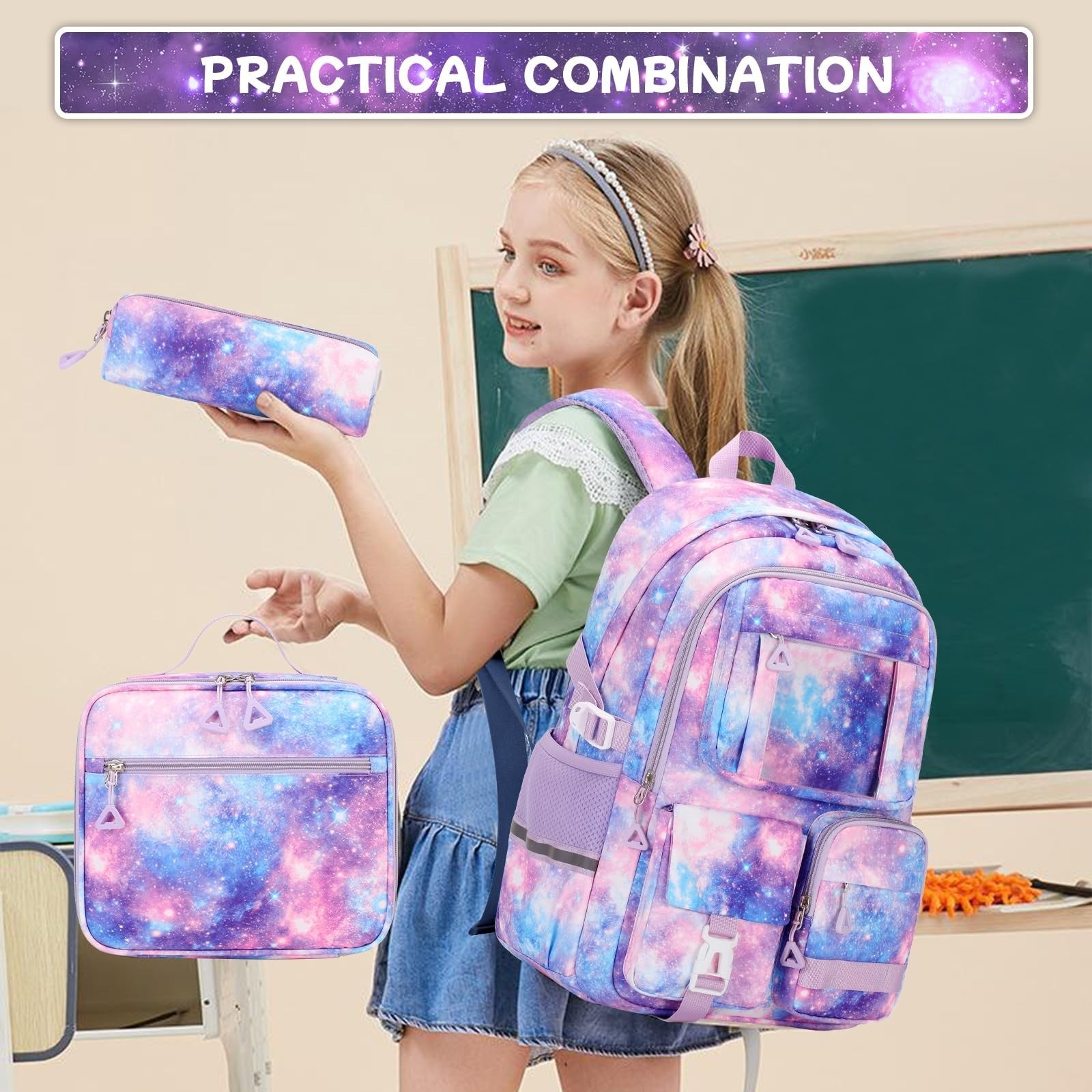 Kawaii 3pcs Kids Backpack Set with Lunch Box - Girls Book Bag for School, Galaxy12