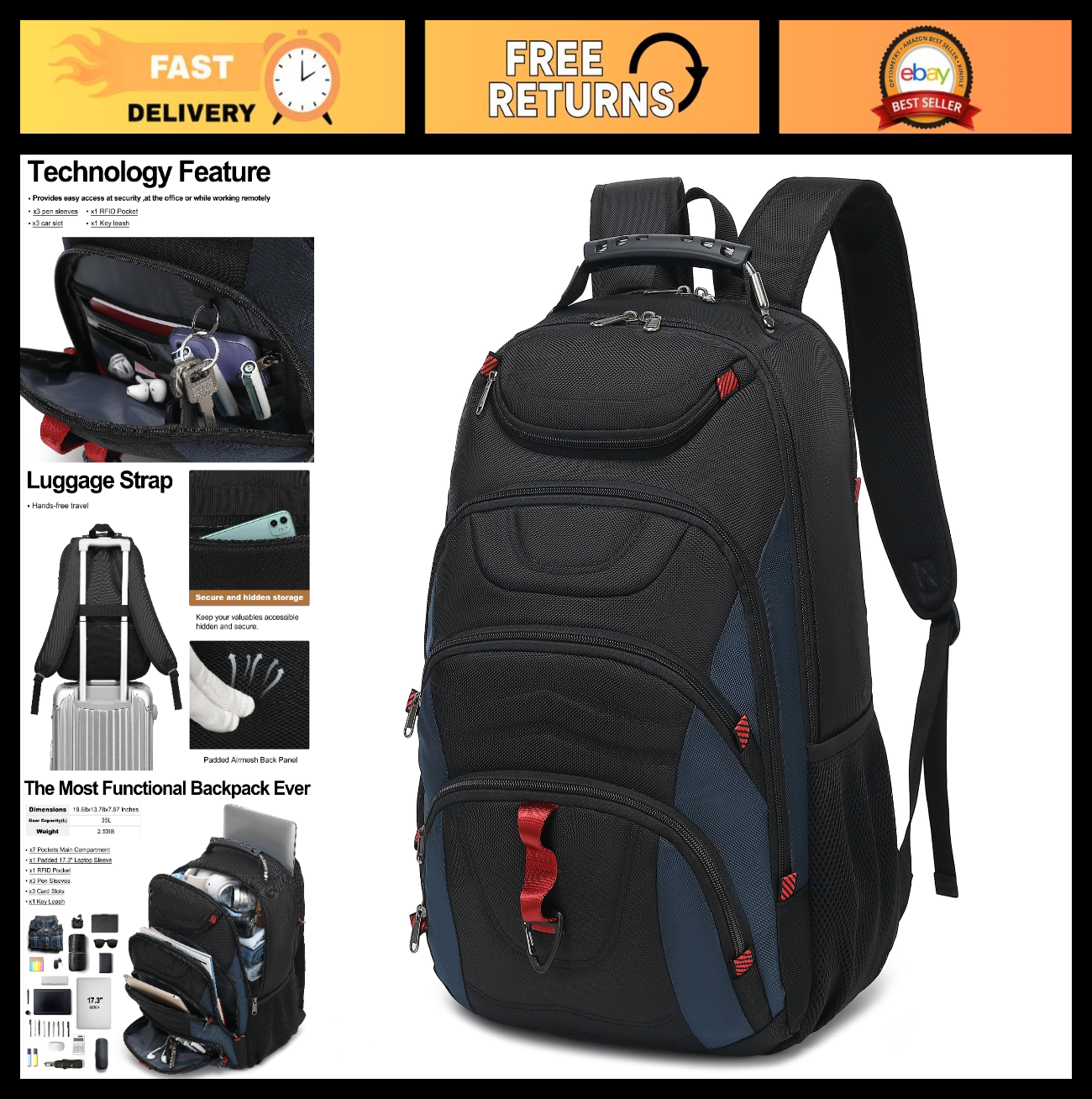 17.3" Waterproof Laptop Backpack with USB Port, Anti Theft Travel Bag for Work &0