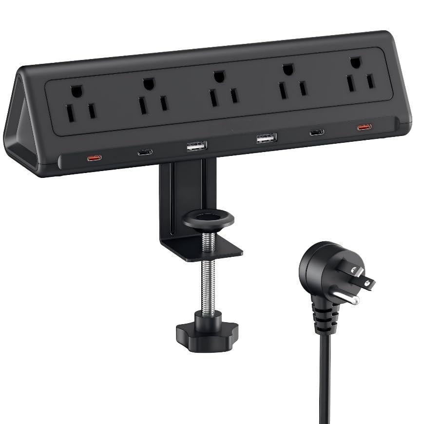 6.5FT Desk Clamp Power Strip, 5 AC Outlets, 6 USB Ports, PD 40W Fast Charging, B1
