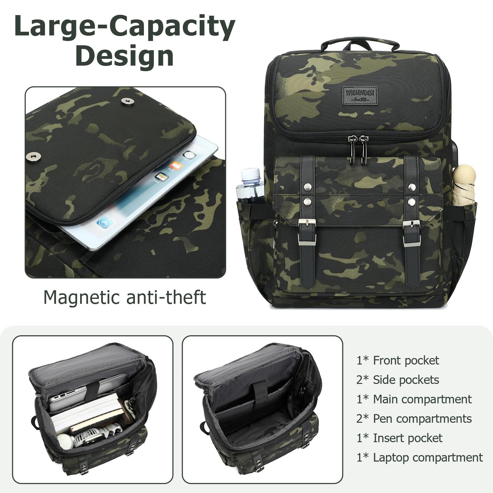 Vintage Camouflage Laptop Backpack with USB Charging Port - Travel College Bag f3