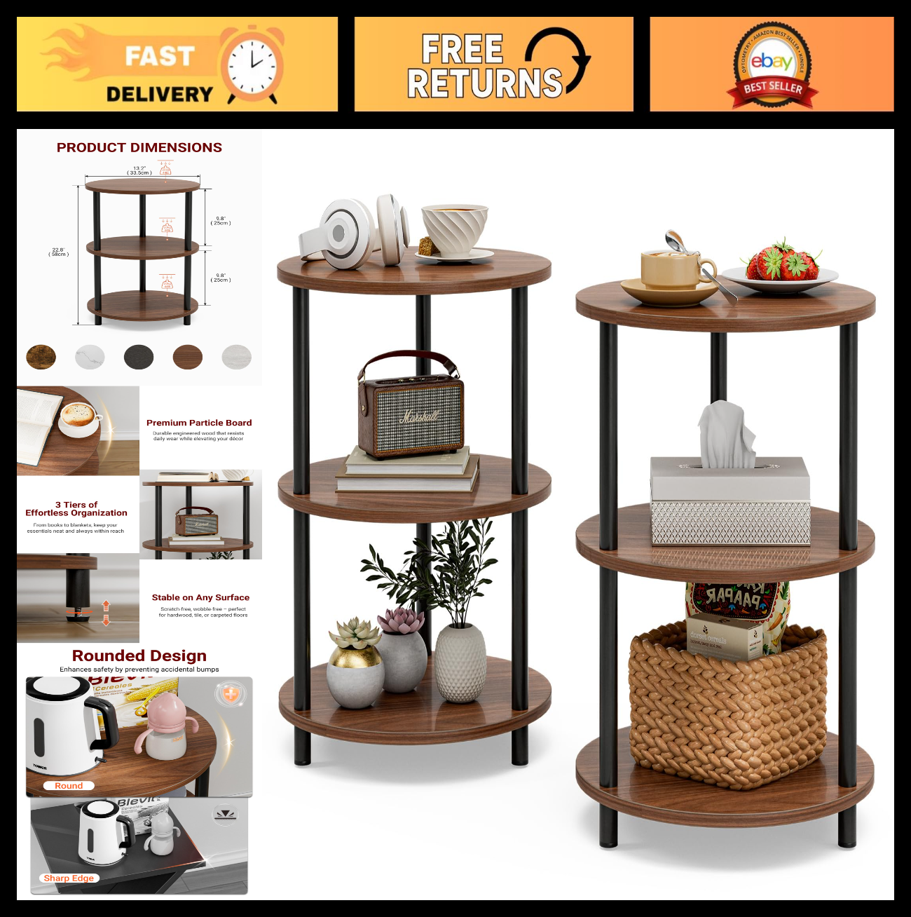 Set of 2 Small Round 3-Tier Accent Tables - Vintage Industrial Nightstands for S0