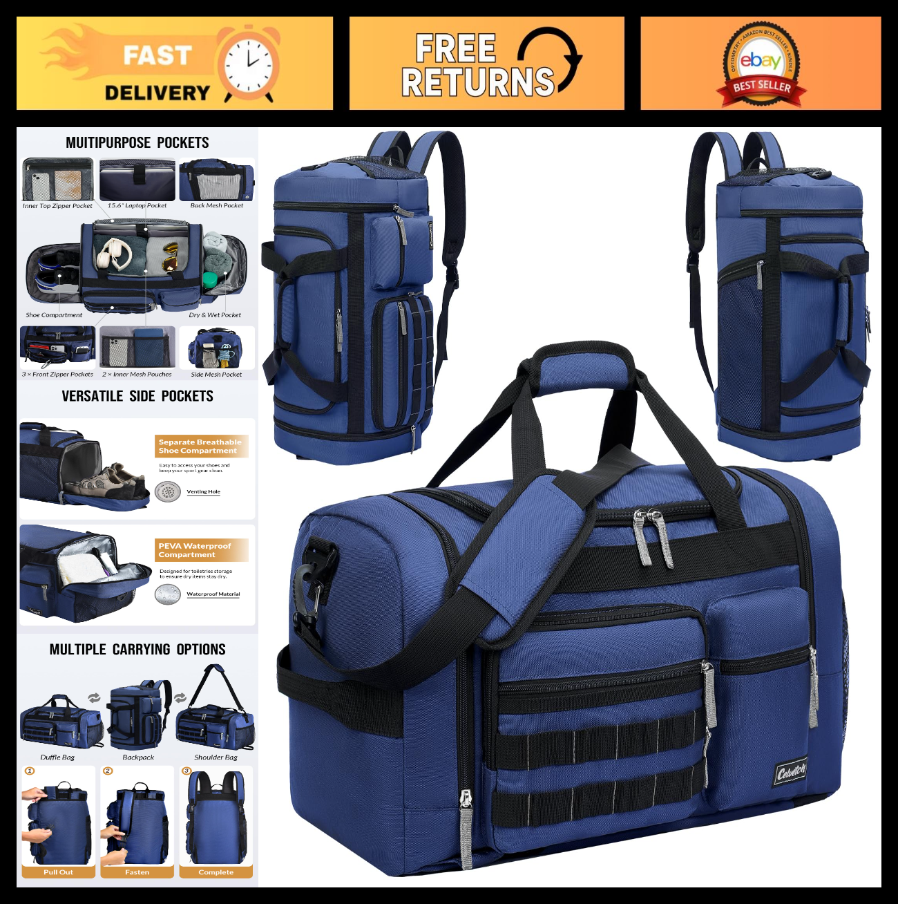 3-in-1 Gym Bag for Men & Women | Navy Blue Travel Duffel with Wet Pocket & Shoe0