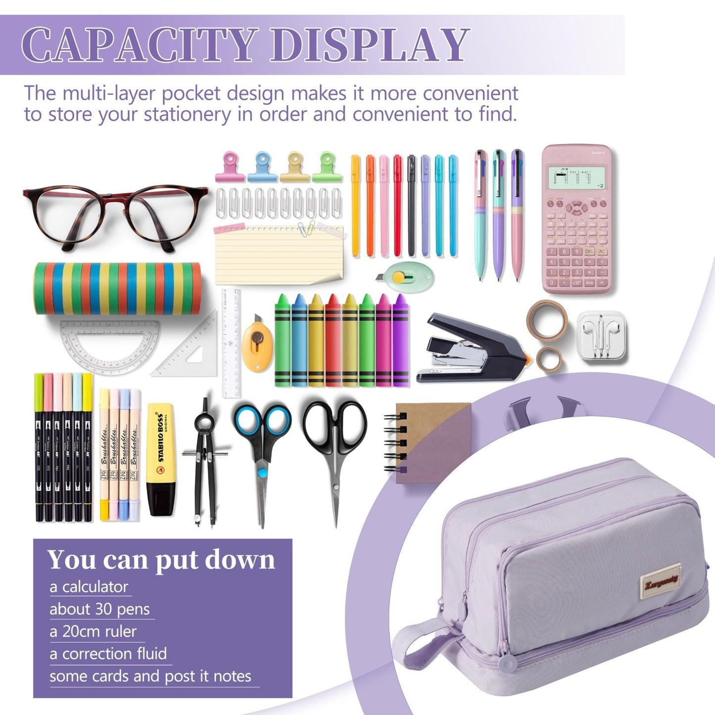 Large Purple Pencil Case   4 Compartments, High Capacity Zipper Pouch for School2