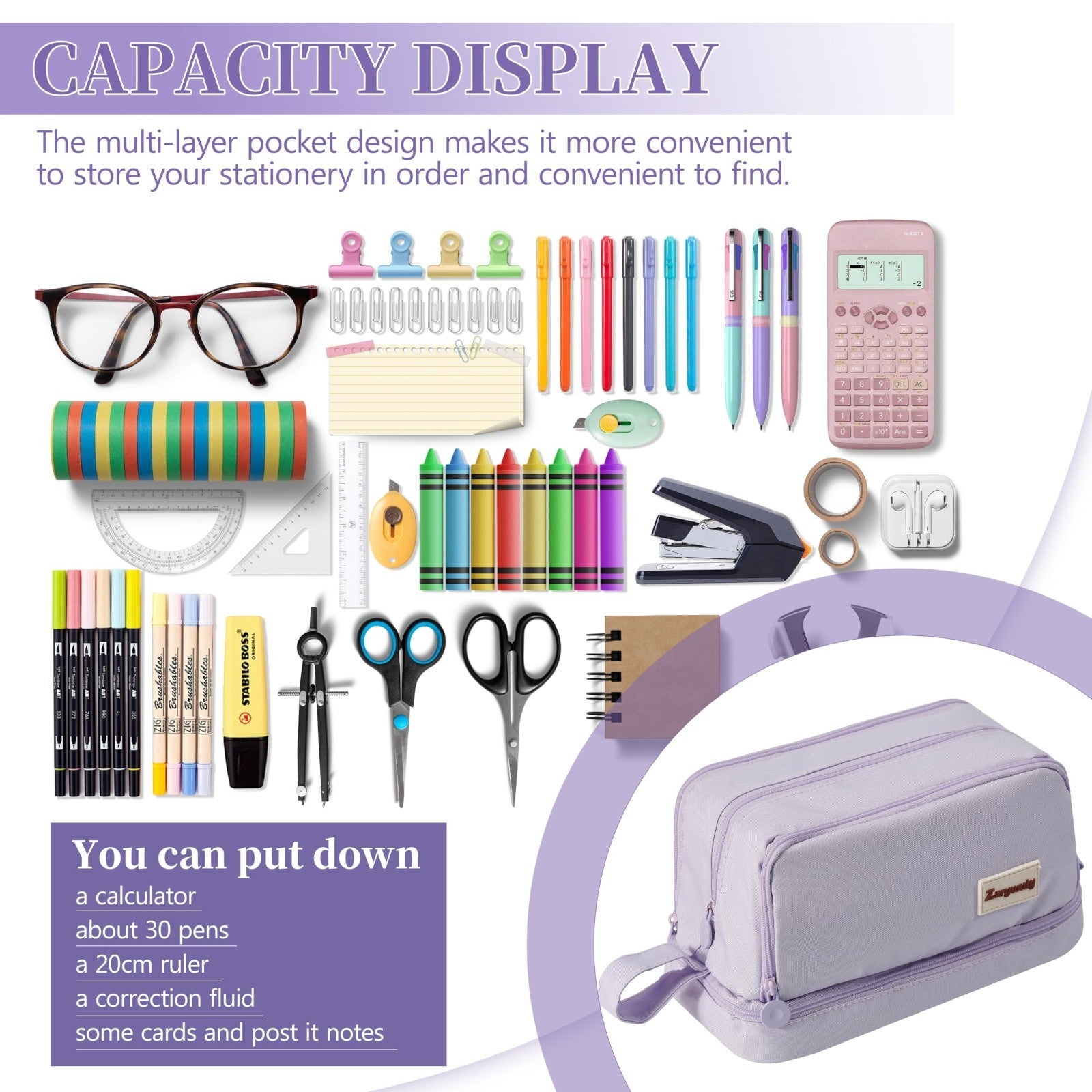 Large Purple Pencil Case   4 Compartments, High Capacity Zipper Pouch for School2