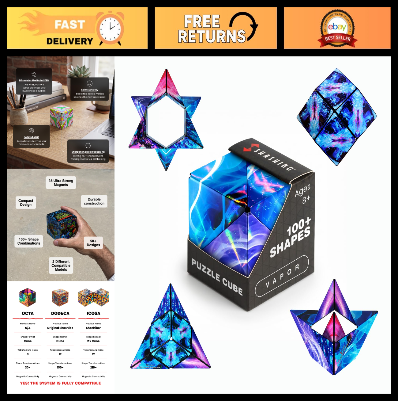 Magnetic Puzzle Cube   Sensory Fidget Toy for Stress Relief, 100+ Shapes, All Ag0