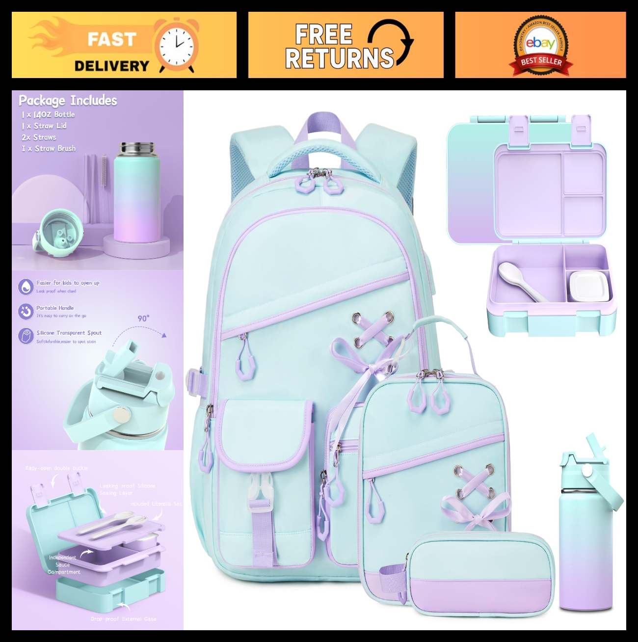 Girls Backpack Set 9PCS with Lunch Bag, Pencil Case, Bento Box & Water Bottle  0