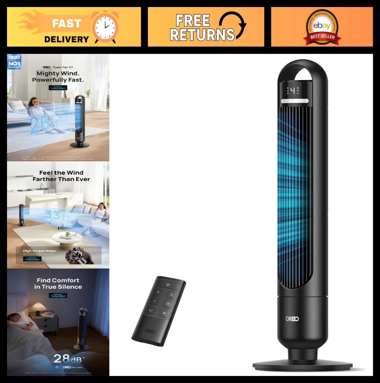 Quiet Oscillating Tower Fan   26ft/s Speed, 4 Speeds, 3 Modes, 8H Timer, Remote0