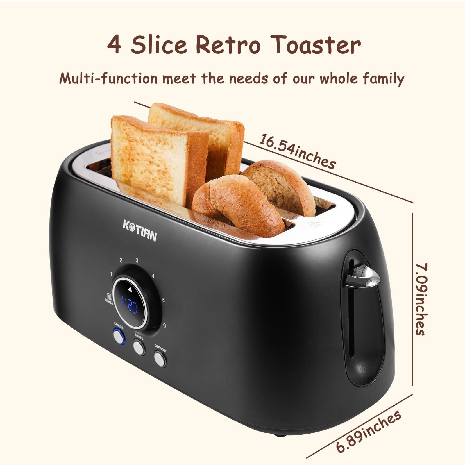 4 Slice Retro Stainless Steel Toaster with Countdown Timer, Extra Wide Slots, Ba2