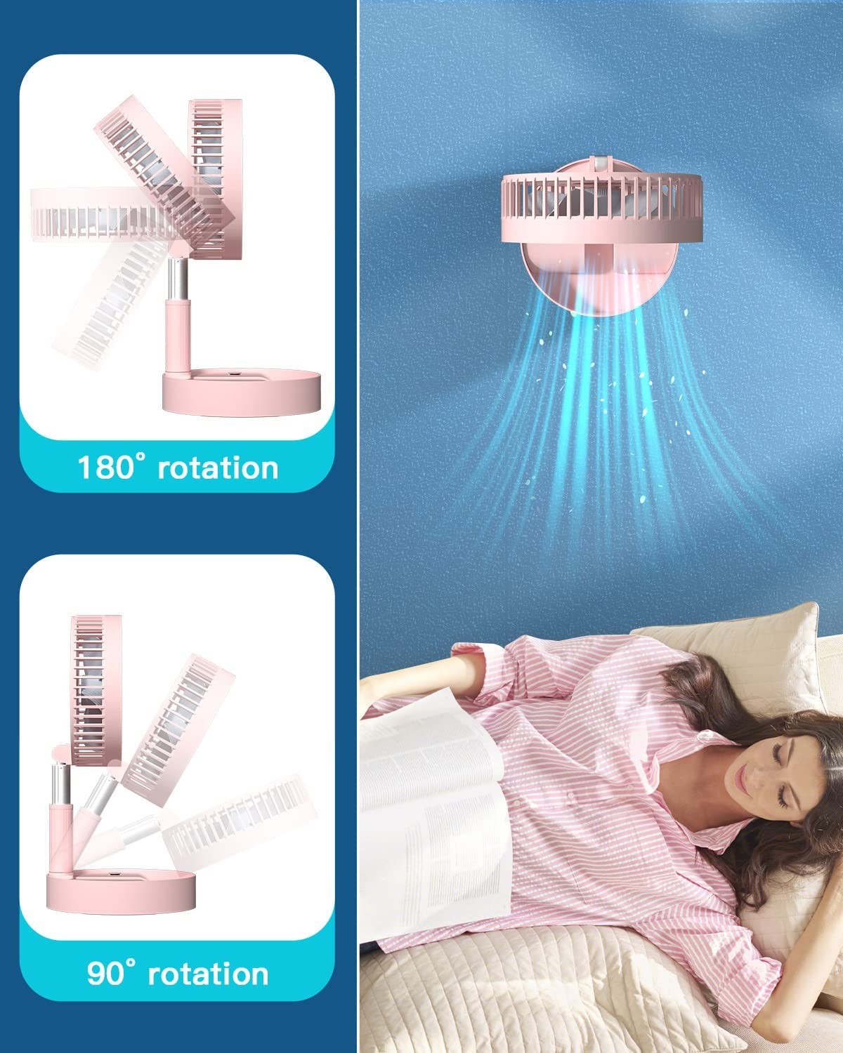 Portable Folding Stand Fan, USB Rechargeable 7200mAh, 4 Speed Adjustable Height,4