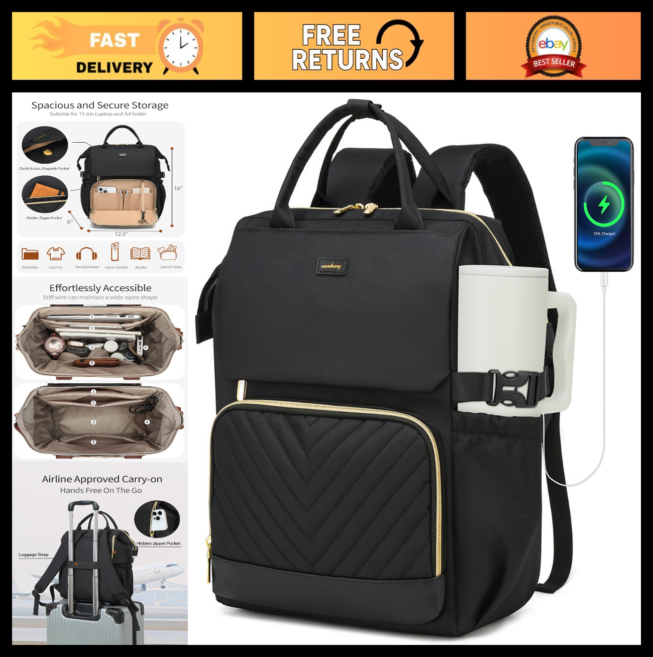 Stylish Laptop Backpack for Women, College & School Bookbag with USB Charger & C0